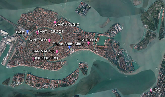 Carte de Venise indiqant la gare et les quartiers de Venise